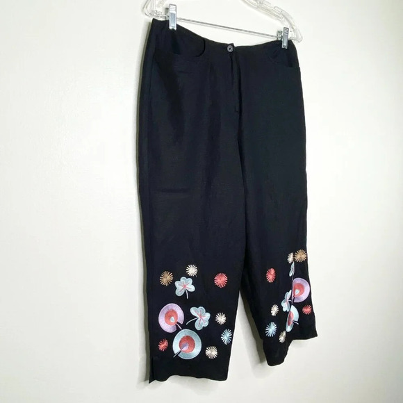 Larry Levine Petite 10P Black Embroidered Linen Blend Cropped Pants Floral Boho - Picture 5 of 12